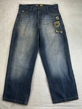 Vintage Southpole Wide Leg Jeans Mens 38 Embroidered Patches Baggy Loose “Read”